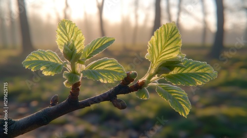 Spring new leaves on branch in forest at sunrise.  Possible use nature, environment, ecology photo