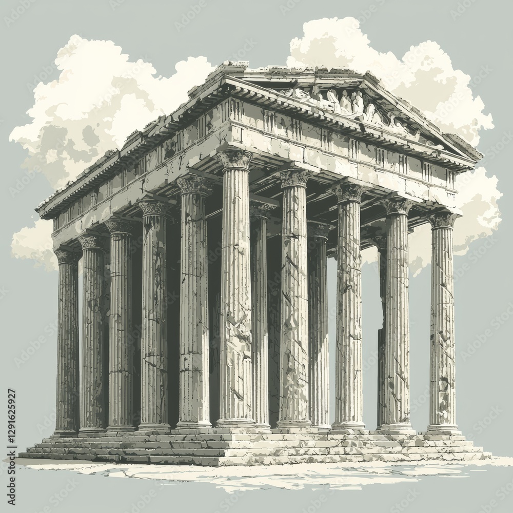 Obraz premium Ancient Greek Temple Surrounded by Stylized Clouds