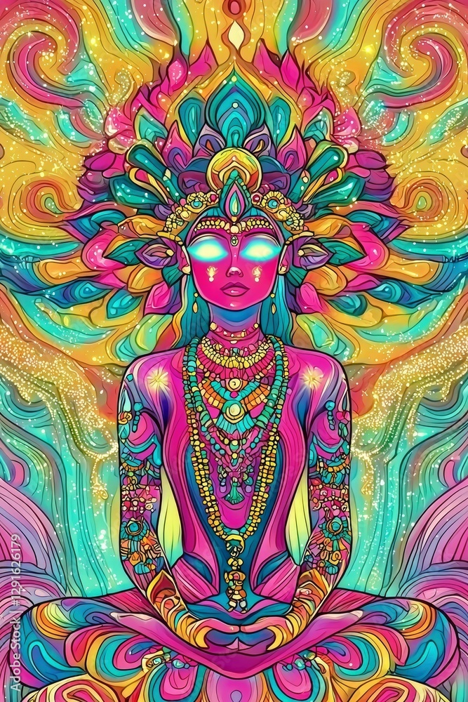 Obraz premium Vibrant Mandala Goddess in Meditative Pose Psychedelic Art Print