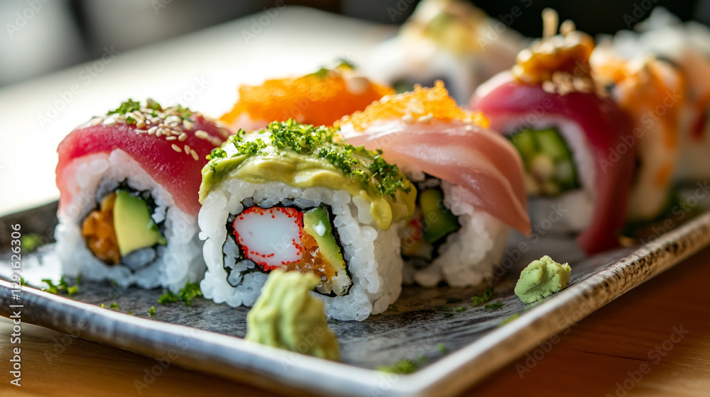 Delicious colorful sushi rolls with fresh fish and avocado soy food rice meal tuna crab plate tasty Delicious colorful sushi rolls with fresh fish and avocado soy food rice meal tuna crab plate tasty