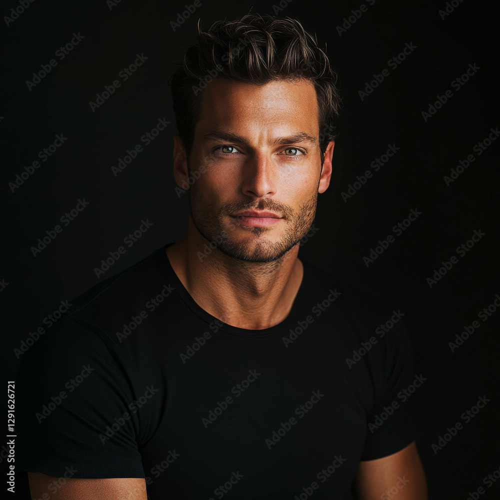Obraz premium Handsome Man in Black T-Shirt, Portrait Photography with Solid Background, High Contrast, Sharp Focus, Studio Photo Shoot