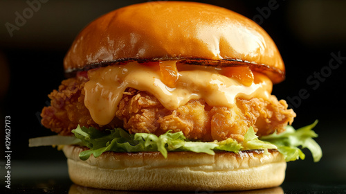 Delicious crispy chicken burger with orange sauce and lettuce eat bun food meal mayo tasty lunch