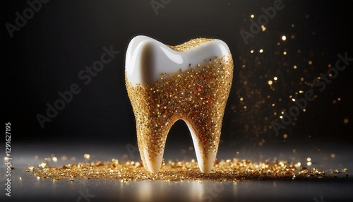 A dazzling tooth covered in golden glitter reflects the innovation in dentistry practices today.