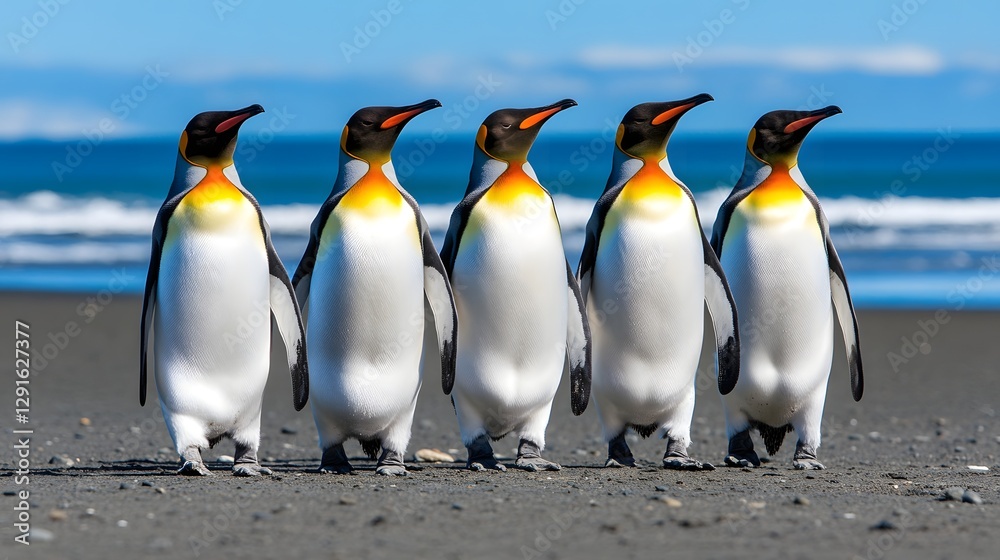 Fototapeta premium Group of King Penguins Walking Along the Beach Against Blue Ocean