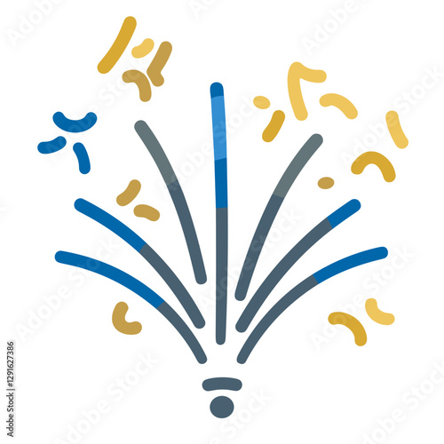Colorful fireworks bursting with blue and yellow streamers on a white background