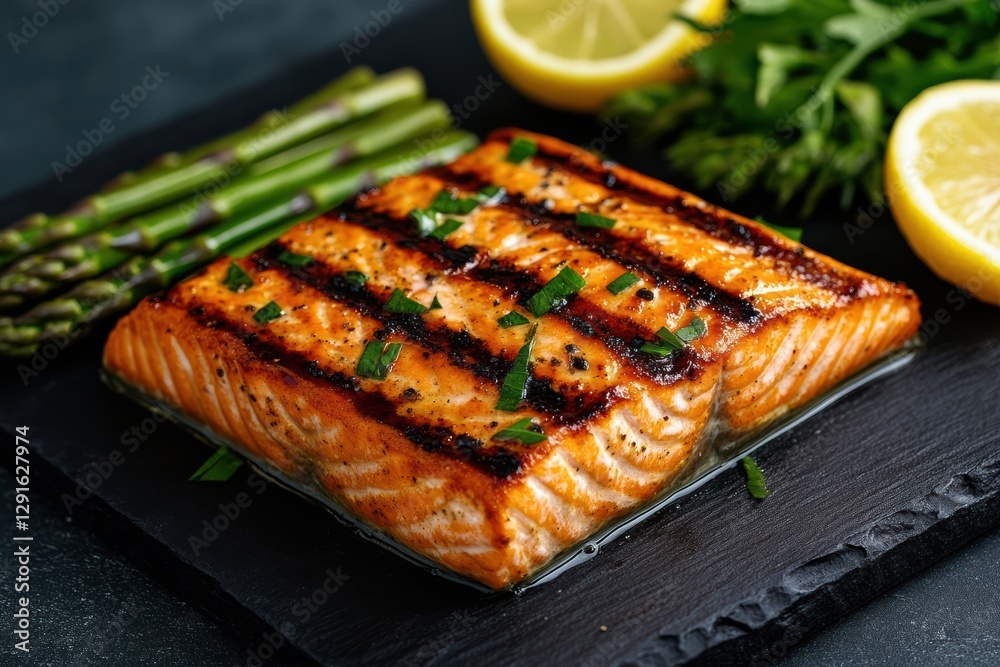 Fresh Grilled Salmon Fillet with Lemon and Asparagus Garnish