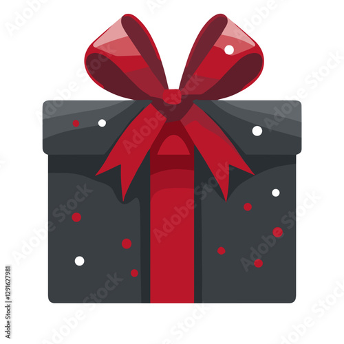 Elegant black gift box with a red ribbon and shiny bow on a white background