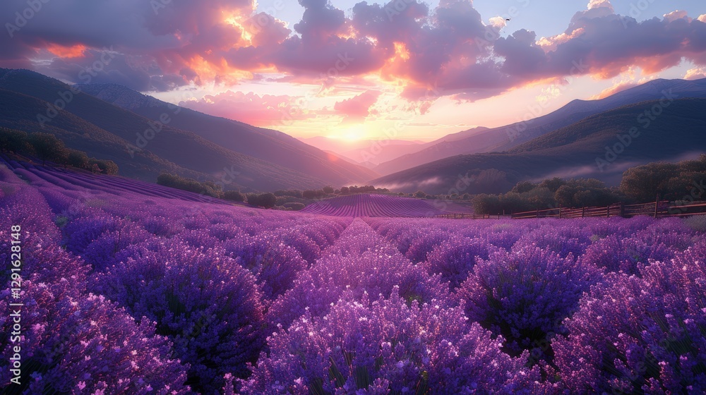Serene sunset over a vast lavender field in the mountains, with vibrant colors illuminating the sky Serene sunset over a vast lavender field in the mountains, with vibrant colors illuminating the sky