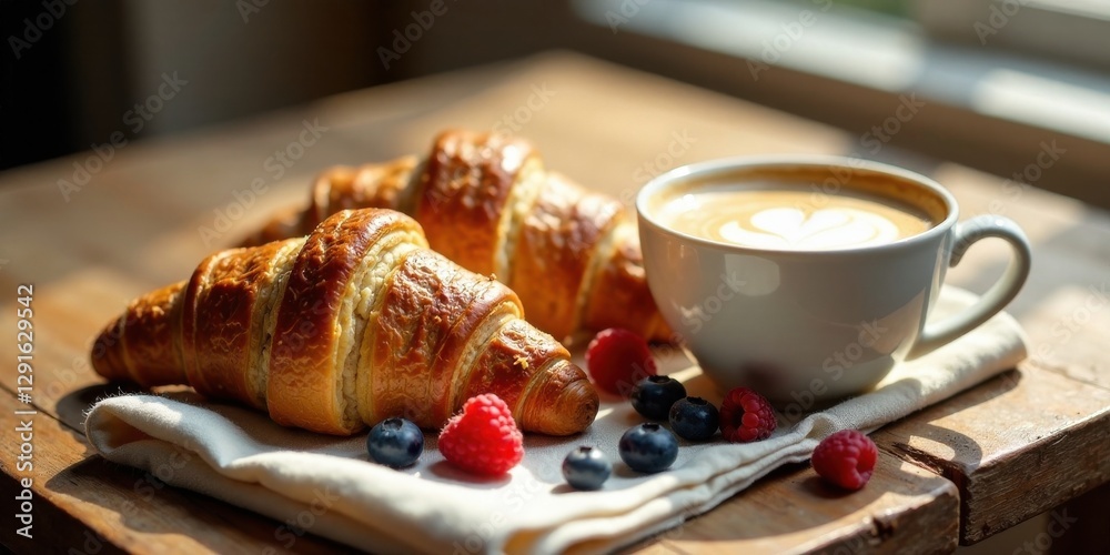 Golden-brown croissants and a steaming cup of cappuccino, accompanied by fresh raspberries and blueberries on a rustic wooden table, bathed in warm sunlight.