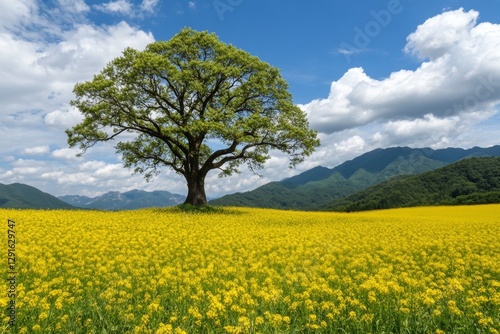 The color palette features yellow-green shades. The scene has a bright, natural look