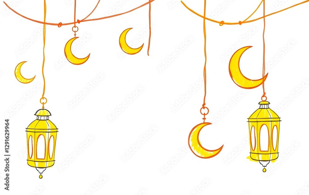 Yellow Islamic lantern Sunlight Crayon illustration