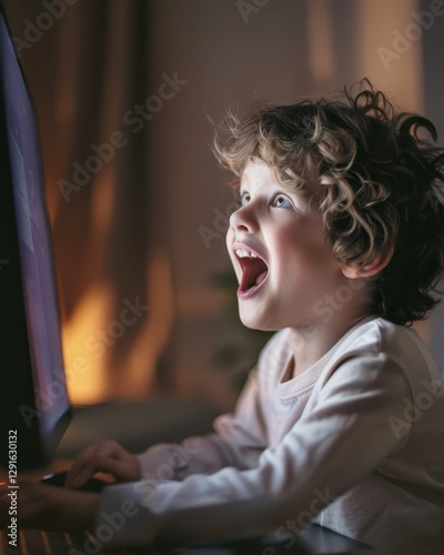 Child eagerly discovering something on a computer at home.