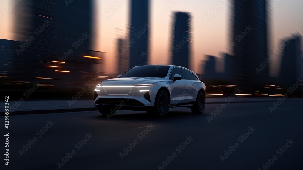 Sleek electric car speeding through city streets at twilight, sh Sleek electric car speeding through city streets at twilight, sh