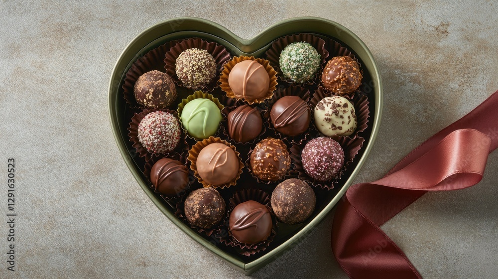 Obraz premium Heart-shaped box of assorted truffles with a satin ribbon