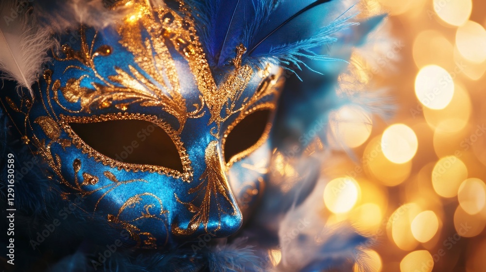 Naklejka premium elegant mask with feathers, featuring blue and gold hues, set against a soft background with sparkling lights. The focus is sharp on the intricate design of the masquerade mask, with delicate lighting