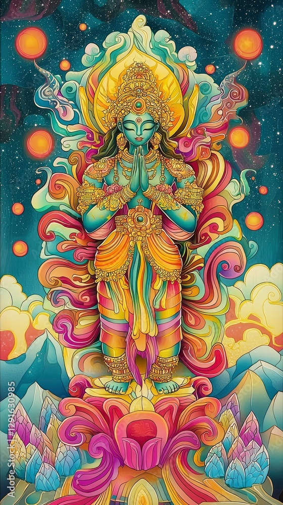 Fototapeta premium Serene Cosmic Deity Vibrant Psychedelic Art of Hindu God