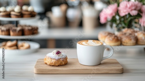 Wallpaper Mural A cozy cafe scene featuring a cup of coffee and a pastry on a wooden board, with baked goods and flowers in the background. Torontodigital.ca