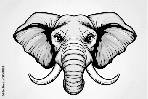 Throwable elephant head, vector line art on white background, high-resolution and very detailed vector illustration, clipart, woodcut-style illustration, vintage print photo