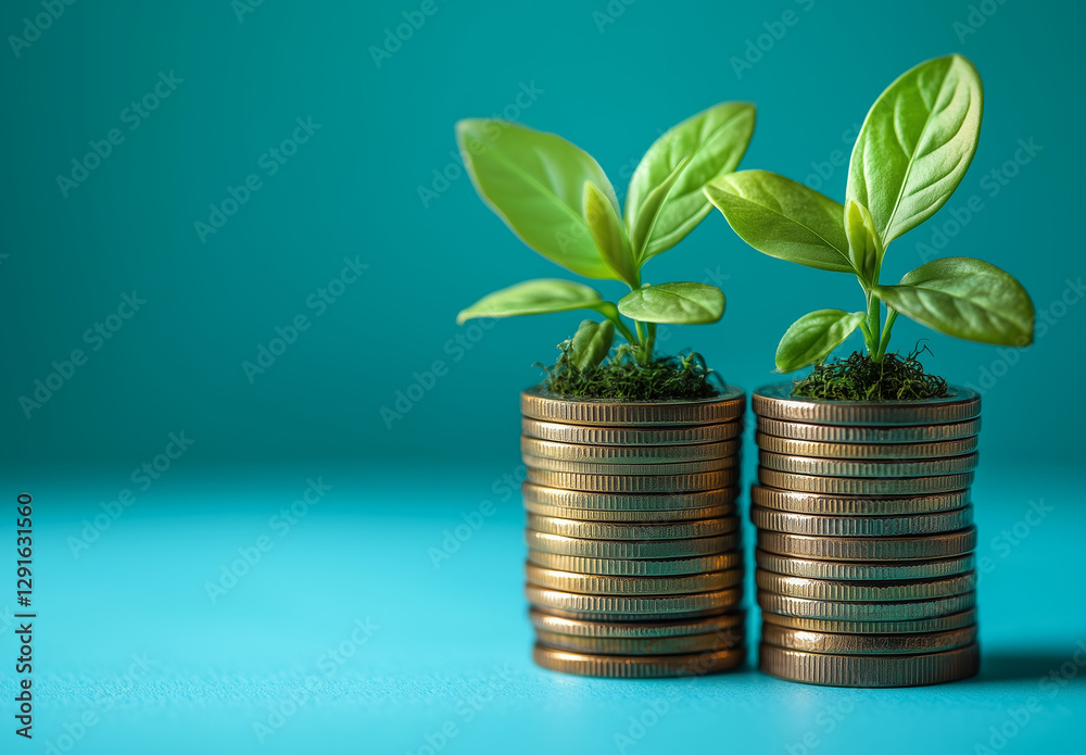 Two stacks of gold coins with small green seedlings growing on a dark, soil-covered surface, symbolizing financial growth, investment, and sustainability.