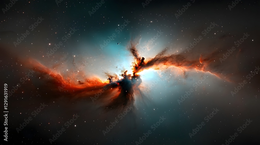 Naklejka premium Majestic fiery galactic nebula stretching across the cosmic vastness of deep space with glowing stellar formations and a burning radiant core