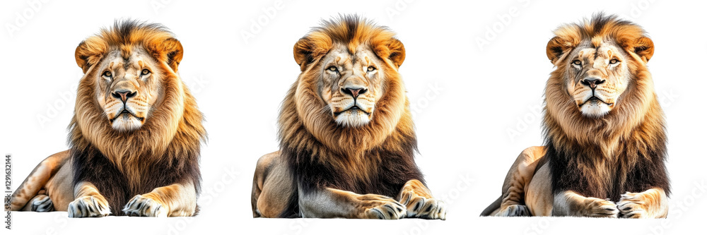 Fototapeta premium A Set of Royal Lion Repose: Majestic Lion in a Calming Sunlit Retreat Exuding Timeless Power - Isolated on transparent Background