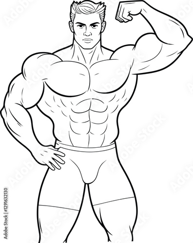 Muscular man showing his arm vector outline illustration
