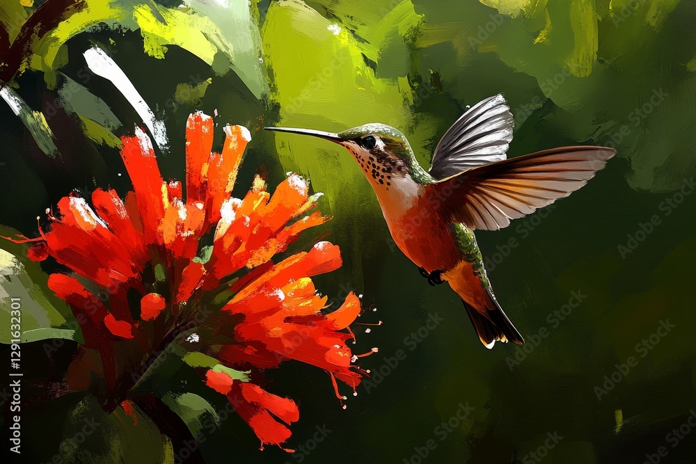 Fototapeta premium Vibrant Hummingbird Feeding on Bright Red Flower in Lush Greenery
