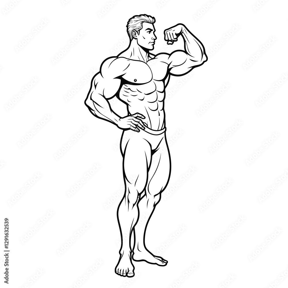 Fototapeta premium Muscular man showing his arm vector outline illustration