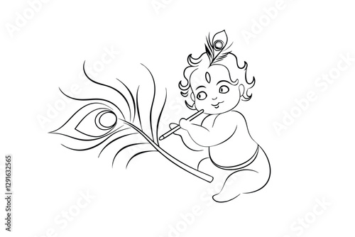 Adorable Little Krishna Playing Flute with Peacock Feather