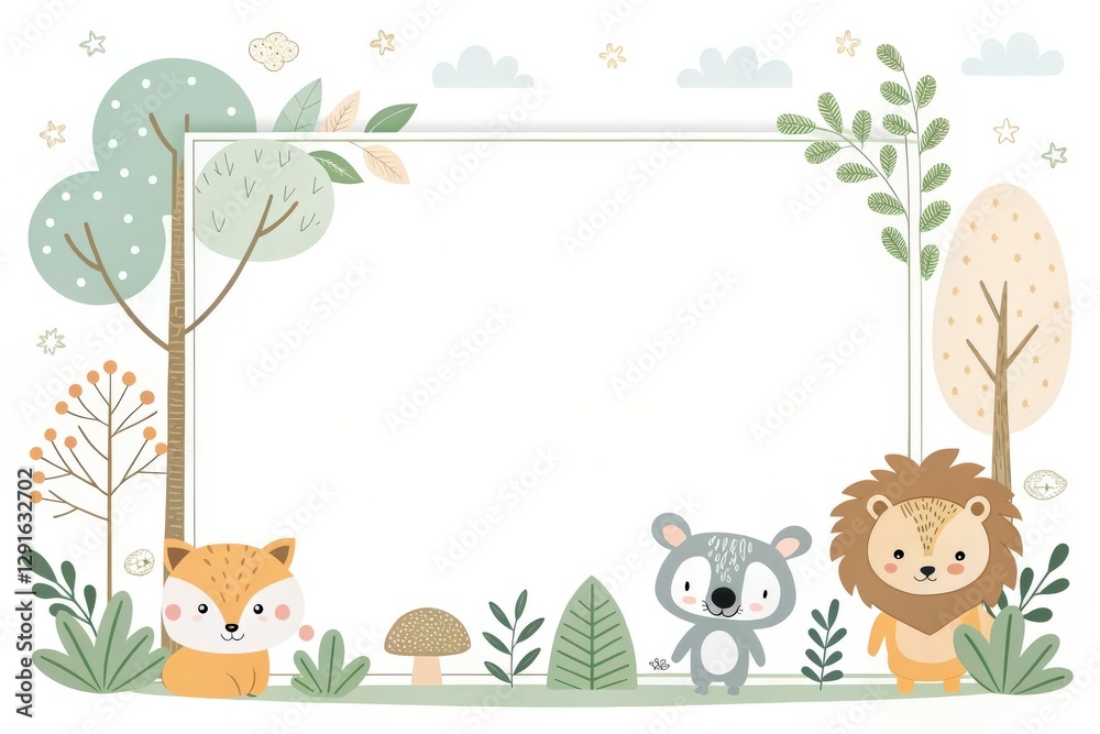 Naklejka premium cute animals and trees frame with a neutral background, perfect for invitations, cards, or announcements