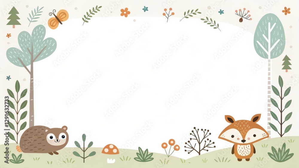Fototapeta premium A cute forest frame with animals and plants perfect for text