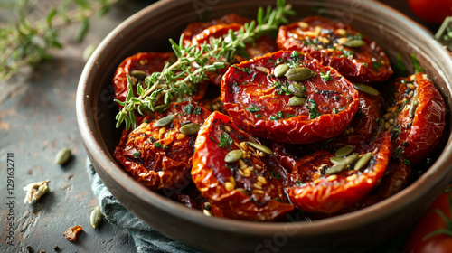 Delicious sun dried tomatoes with herbs and seeds in rustic bowl red food dish meal vegan tasty spicy