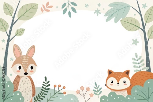 A charming illustration featuring a rabbit and a fox, with space for text, perfect for invitations or greetings