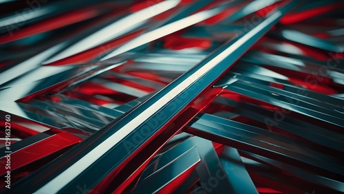 Metallic Abstract Art Featuring Intertwined Red and Silver Strips With Dynamic Patterns