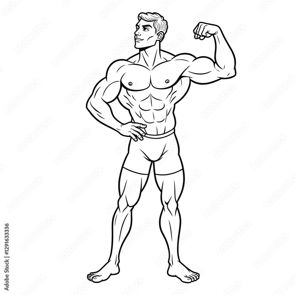 Muscular man showing his arm vector outline illustration Muscular man showing his arm vector outline illustration