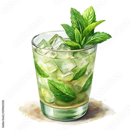 Refreshing Mint Julep Cocktail Watercolor Painting Green Ice art bar cool food drink image
