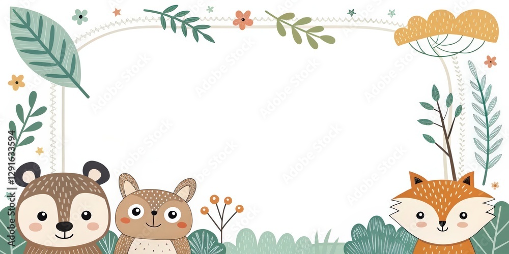 Naklejka premium cute forest animal illustration in a frame with floral