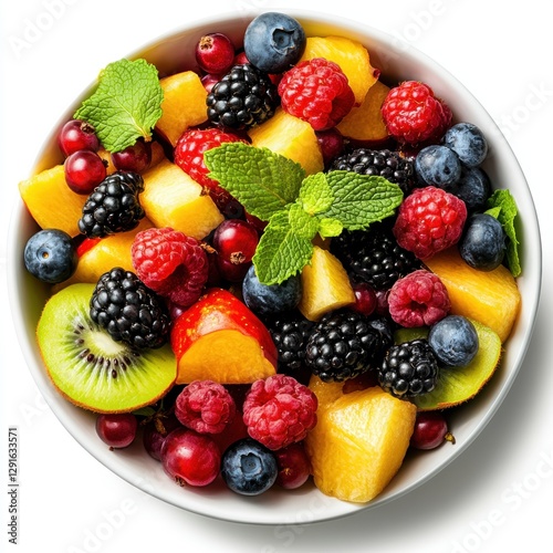 Fresh Mixed Fruit in a White Bowl with Mint Garnish in Natural Light