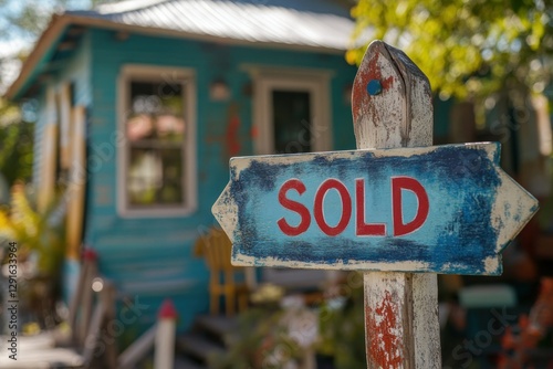 Vintage Sold Sign in Front of a Brightly Colored House with Tropical Surroundings