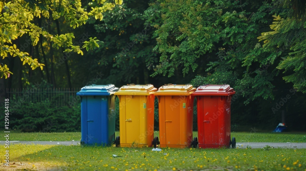 Colorful Waste Bins in Urban Park Promote Recycling and Environmental Awareness Colorful Waste Bins in Urban Park Promote Recycling and Environmental Awareness
