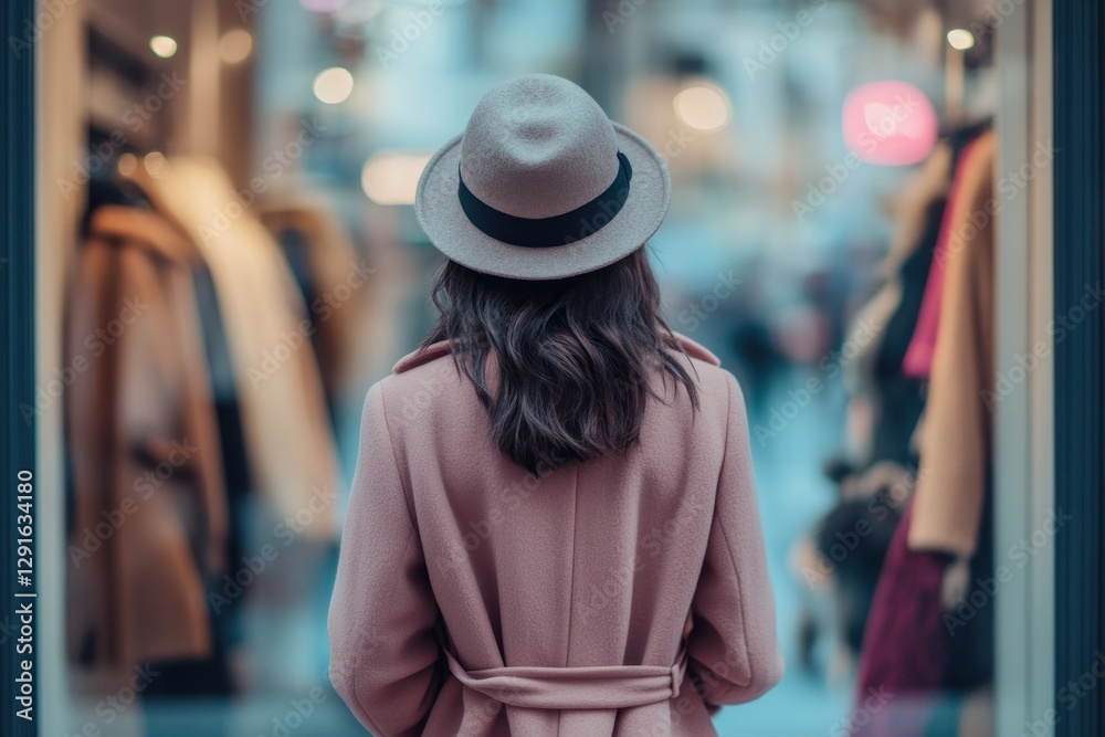 Fototapeta premium Woman in Stylish Hat and Coat Looking at Fashionable Storefront Display in Urban Environment
