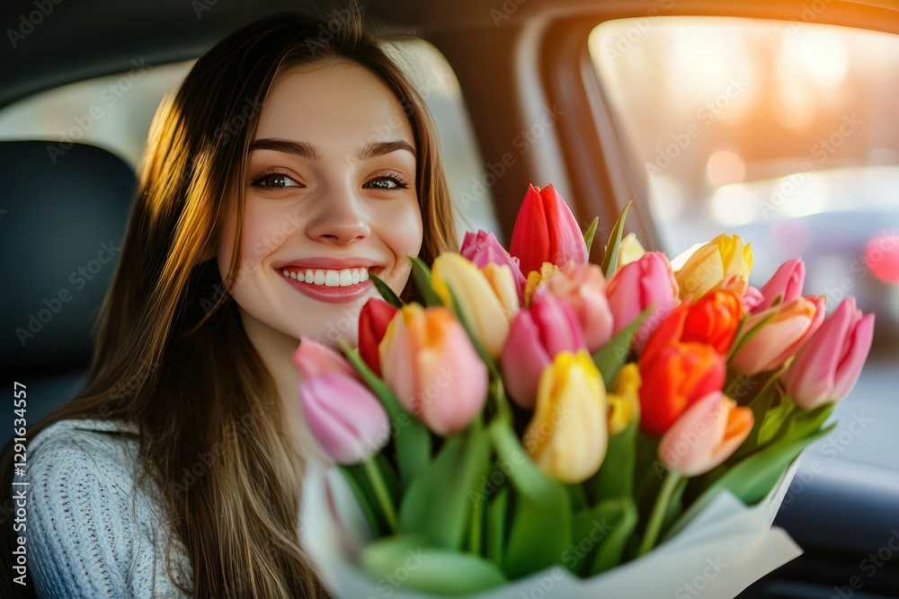 custom made wallpaper toronto digitalHappy young woman holding colorful tulips inside car on sunny day with vibrant light backdrop