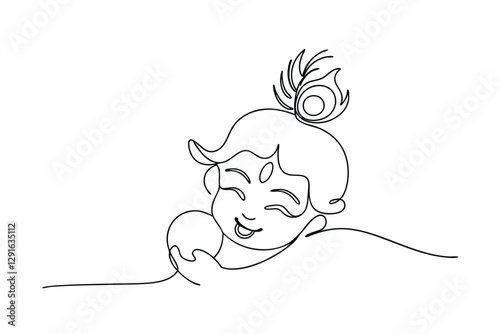 Line Art Drawing of Krishna, Hindu God, Child, Butterball