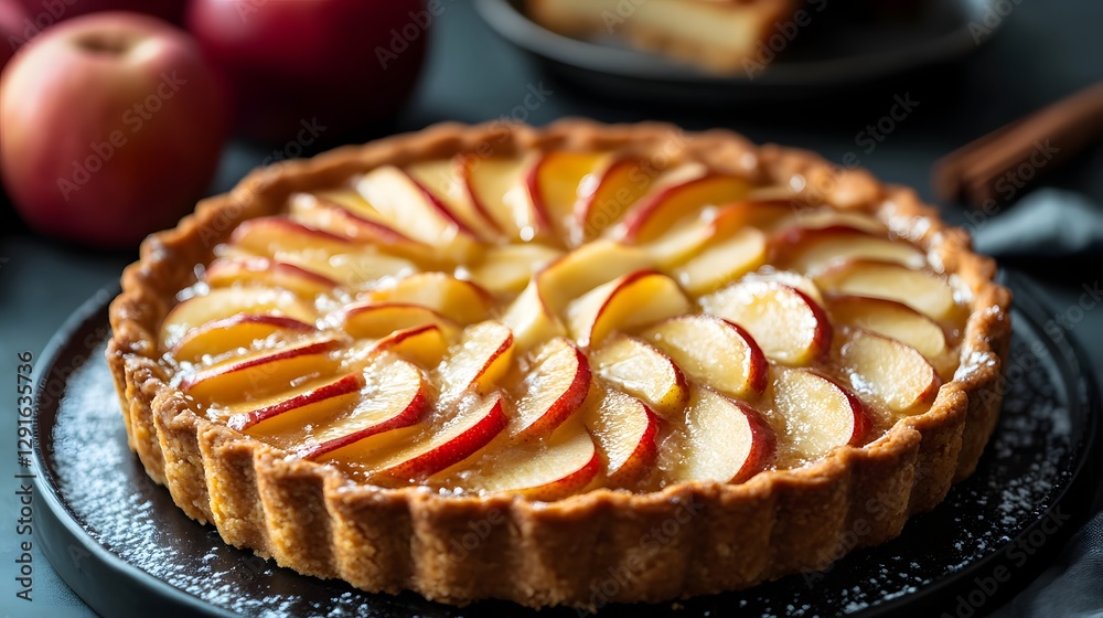 Golden Apple Tart: A delectable, golden-crusted apple tart, exquisitely arranged with vibrant red and golden apple slices, sits invitingly on a dark plate, a testament to the art of baking. Golden Apple Tart: A delectable, golden-crusted apple tart, exquisitely arranged with vibrant red and golden apple slices, sits invitingly on a dark plate, a testament to the art of baking.