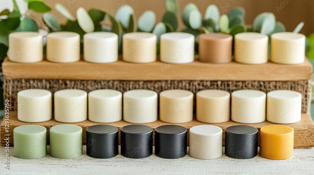 A neatly arranged display of colorful candles on a wooden surface, surrounded by greenery, showcasing a variety of shapes and hues. A neatly arranged display of colorful candles on a wooden surface, surrounded by greenery, showcasing a variety of shapes and hues.