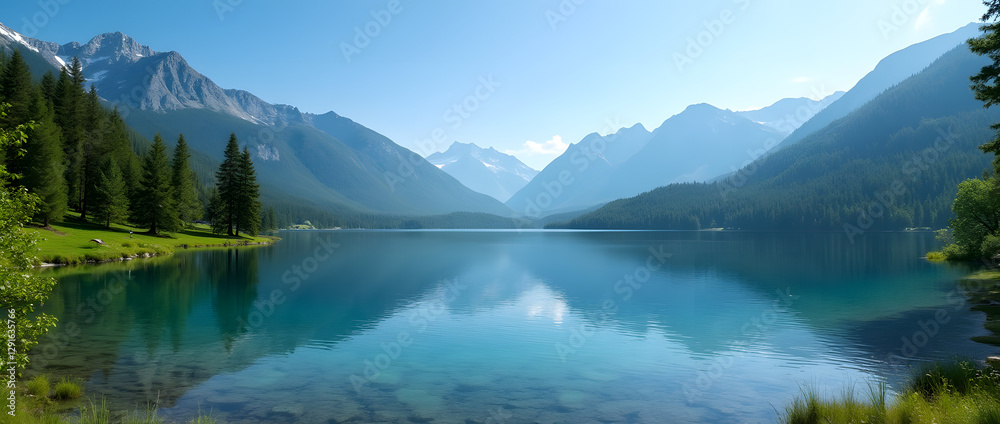 Serene Lake Surrounded by Lush Greenery and Majestic Mountains Beneath a Clear Blue Sky, a Perfect Escape for Nature Lovers and Adventurers Serene Lake Surrounded by Lush Greenery and Majestic Mountains Beneath a Clear Blue Sky, a Perfect Escape for Nature Lovers and Adventurers