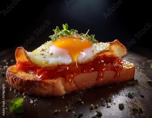 Fotografía de estudio profesional una rebanada de pan tostado con salsa de tomate rallado, una loncha de bacón y un huevo encima,estilo ultrarrealista, realista, 4k photo