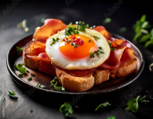 Fotografía de estudio profesional una rebanada de pan tostado con salsa de tomate rallado, una loncha de bacón y un huevo encima,estilo ultrarrealista, realista, 4k photo