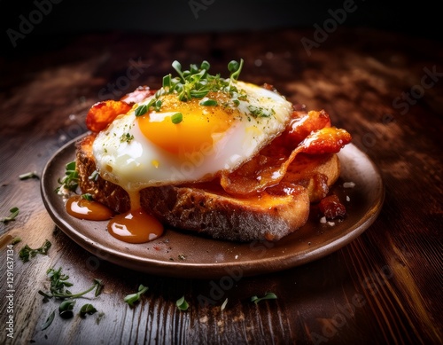 Fotografía de estudio profesional una rebanada de pan tostado con salsa de tomate rallado, una loncha de bacón y un huevo encima,estilo ultrarrealista, realista, 4k photo