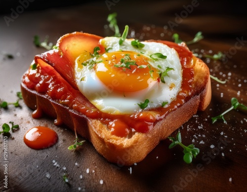 Fotografía de estudio profesional una rebanada de pan tostado con salsa de tomate rallado, una loncha de bacón y un huevo encima,estilo ultrarrealista, realista, 4k photo